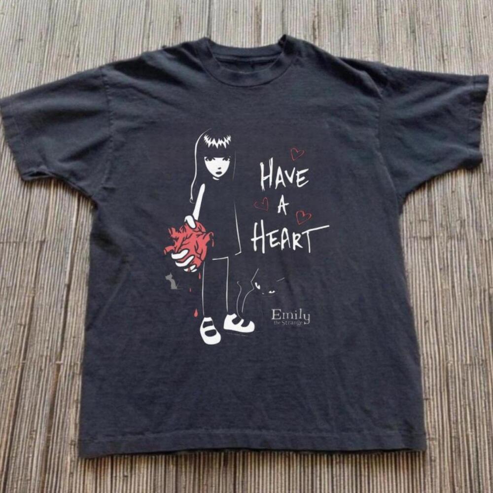 Gildan Black T Shirt Have A Heart Tee Emily The Strange Black Cotton T Shirt - Picture 1 of 4
